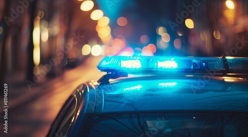 Blue police lights in high-res image evoke crime control urgency. photo