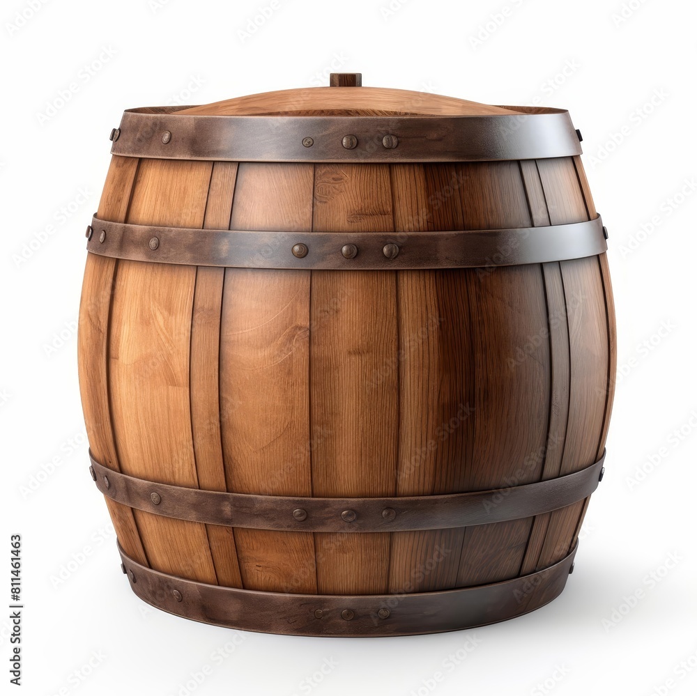 Obraz premium Single wooden barrel displayed on a pure white background, Ai Generated