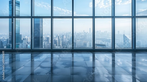Empty office workspace with city view through window. Sleek skyscraper interiors. Bright city office perspective.