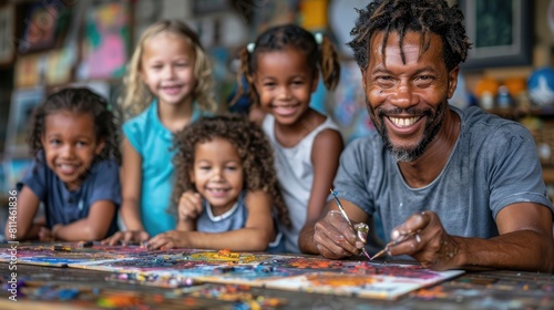 Happy African American father painting with his daughters