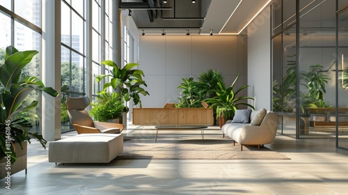 Office interior with modern furniture and plants