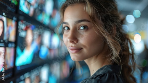 Portrait of a beautiful young woman with long blond hair standing in front of a large video wall.