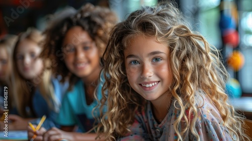 Portrait of a happy young girl with curly hair smiling at the camera while her friends are blurred in the background.
