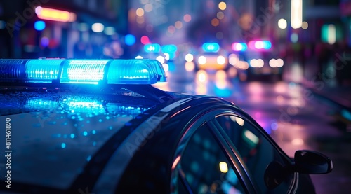 Close-up of blue flashing police car lights with focused professional quality, free from blur.