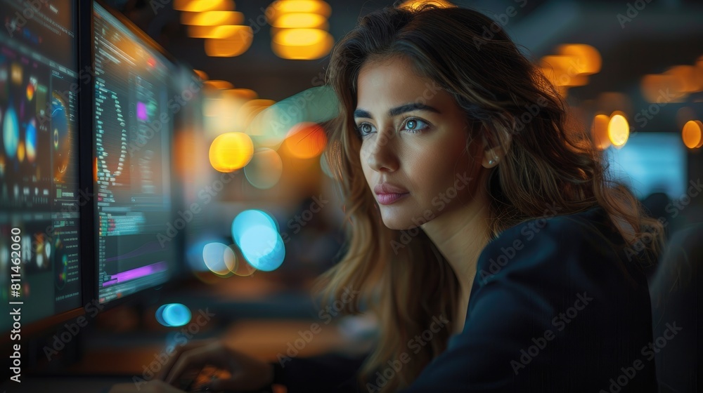 Thoughtful businesswoman looking at computer monitor late at night in the office. Thoughtful businesswoman looking at computer monitor late at night in the office.