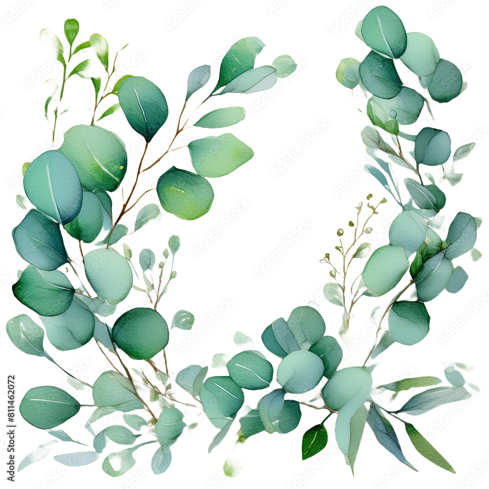Watercolor floral frame eucalyptus illustration.PNG Corner border.	
