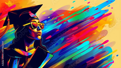 Colorful abstract design with a graduate holding a diploma
