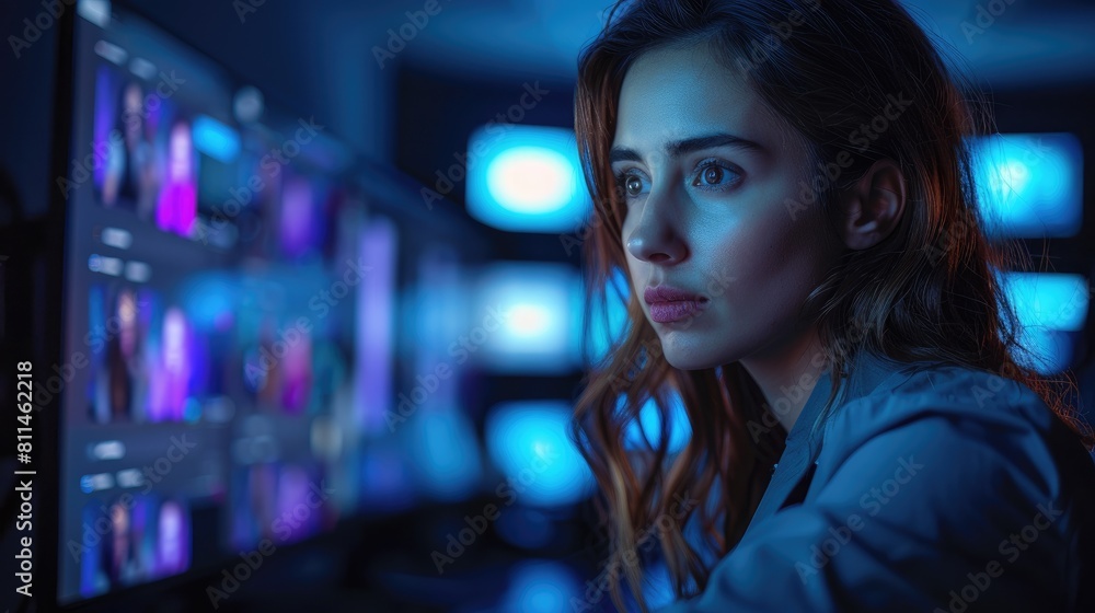 Young concentrated female programmer working on new codes in dark room full of computer screens. Young concentrated female programmer working on new codes in dark room full of computer screens.
