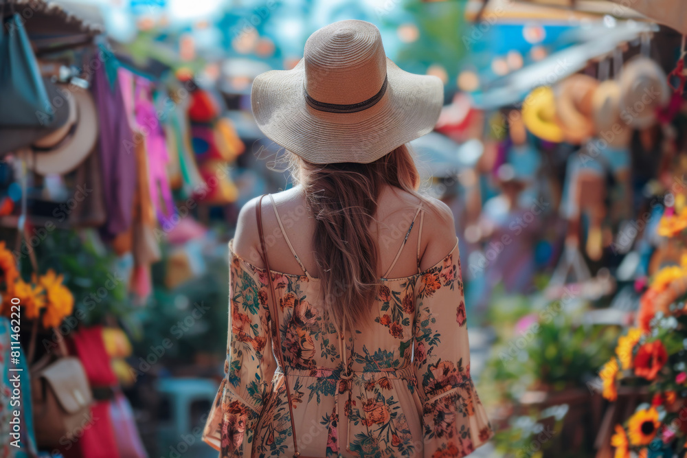 Young woman wearing a floral dress and a straw hat while browsing through a vibrant outdoor market full of colorful items
