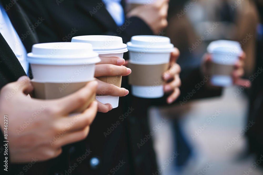 Close-up of several hands holding coffee cups, representing a diverse group of business professionals during a break Close-up of several hands holding coffee cups, representing a diverse group of business professionals during a break