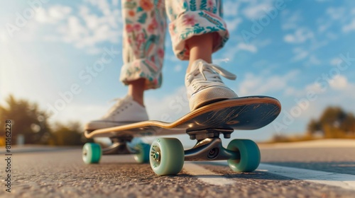 A young woman enjoys a sunny day skateboarding on a longboard, captured from a low angle on the road photo