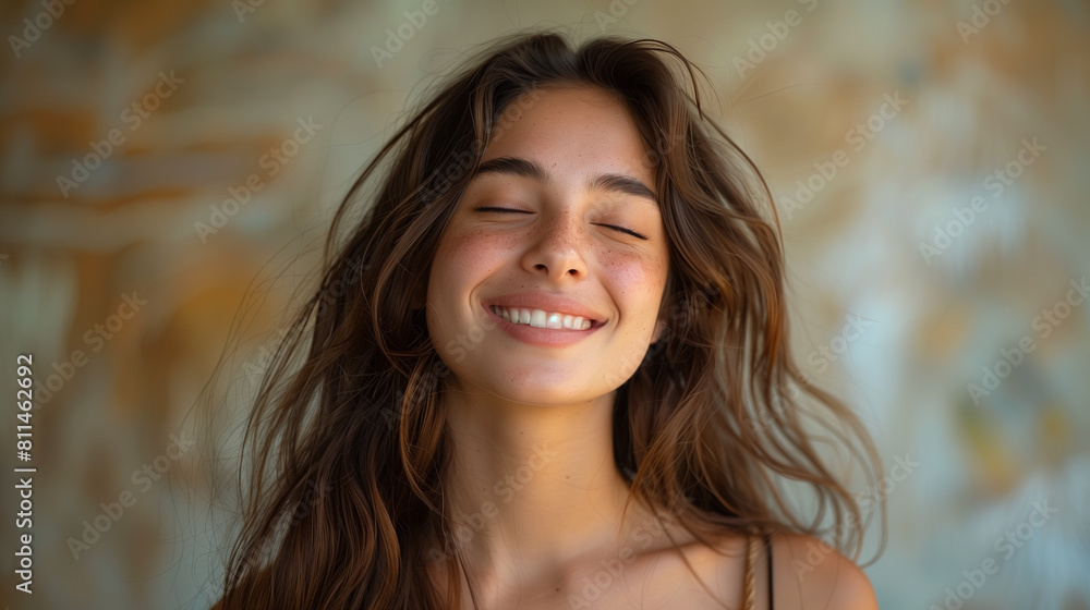Young Latina smiling with her eyes closed, in a photo studio background
