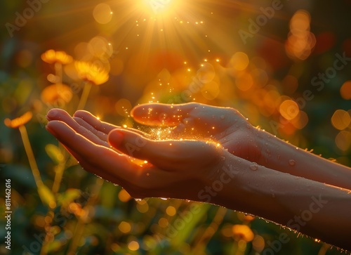 Close up of hands praying with the sun shining in background, focus on hand and light, copy space for text.