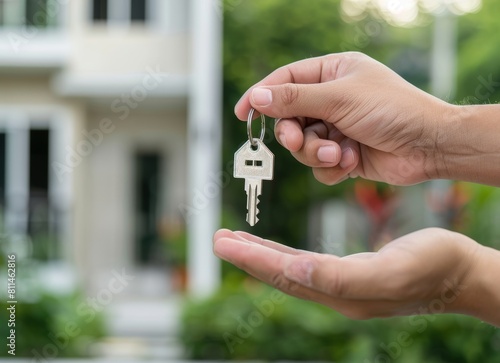 Close up of young man's hand handing over house keys to man on blurred background with new modern home and real estate concept, no face just hands holding the key.