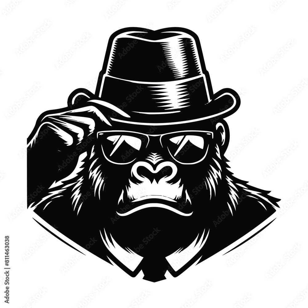 a head of gorilla using hat and sunglases black vector illustration. can be used for emblem, t-shirt, merchandise and more. gorilla vector illustration a head of gorilla using hat and sunglases black vector illustration. can be used for emblem, t-shirt, merchandise and more. gorilla vector illustration