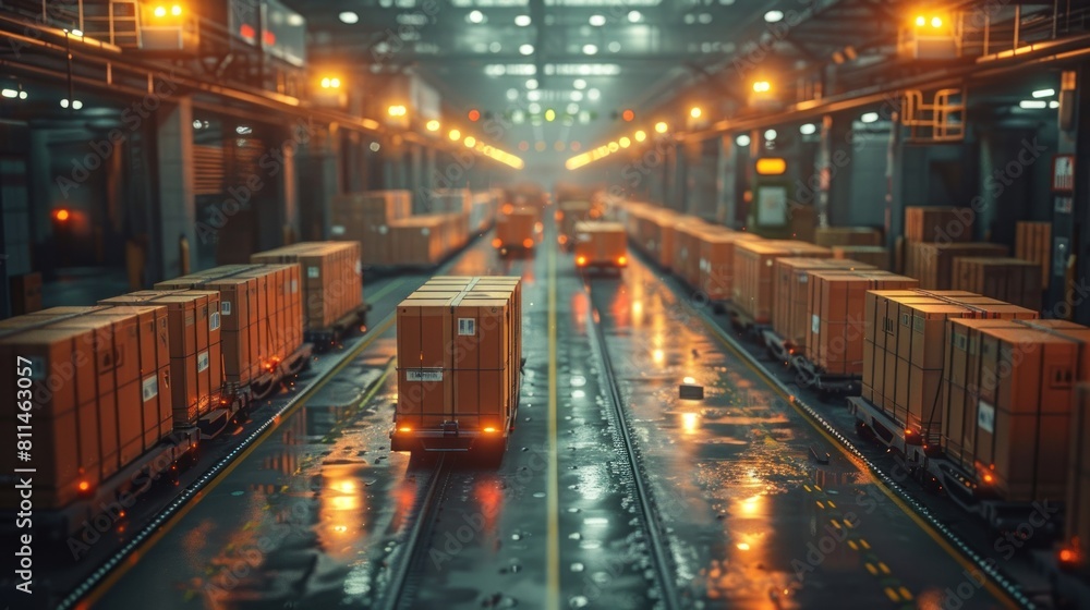 A large warehouse with a truck driving down a long, empty road A large warehouse with a truck driving down a long, empty road