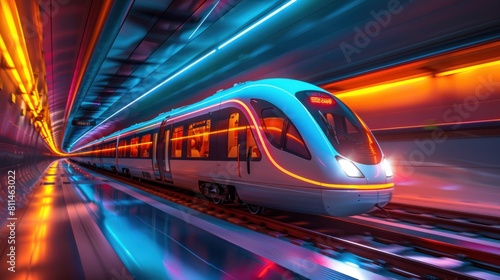 A train is traveling through a tunnel with neon lights