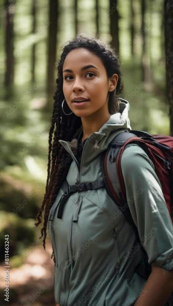 Young woman of biracial descent hiking in the forest award winning ph Young woman of biracial descent hiking in the forest award winning ph