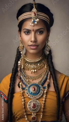 Portrait of a young woman of Indigenous descent wearing traditional j photo