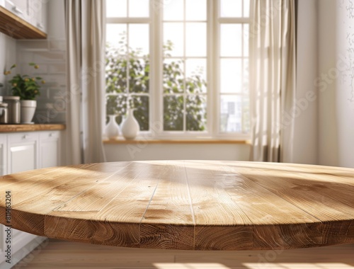 Empty beautiful round wood tabletop counter on interior in clean and bright kitchen background. © DWN Media