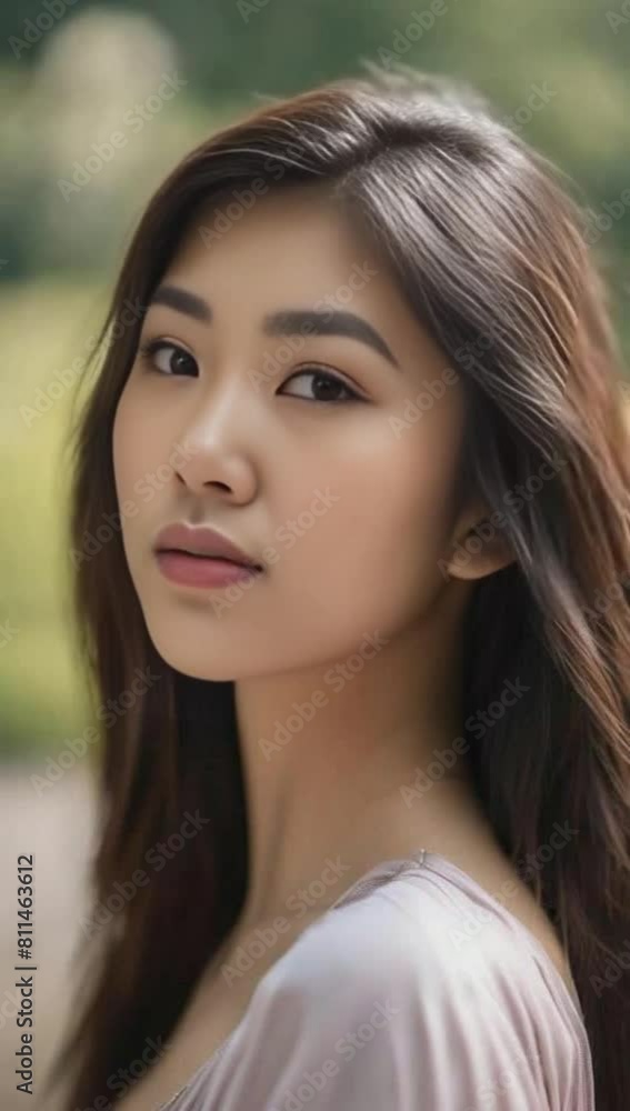 Close up of a young woman of East Asian descent with a serene express Close up of a young woman of East Asian descent with a serene express