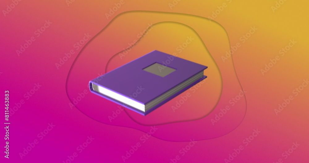 Image of purple notebook education and school icon over pink to yellow waving background Image of purple notebook education and school icon over pink to yellow waving background