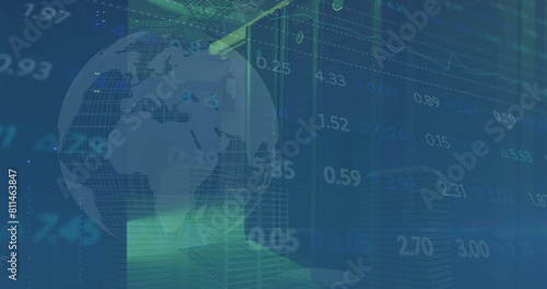 Image of graphs and numbers with globe over data center room