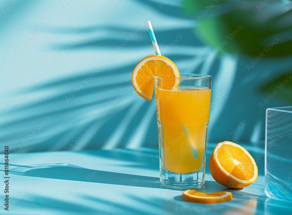 Food photography of orange juice in a glass with a straw and slice on a blue background, minimalism. Food photography of orange juice in a glass with a straw and slice on a blue background, minimalism.