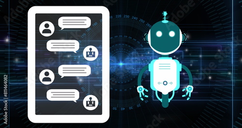 Image of ai chat bot and tablet with chat on black background