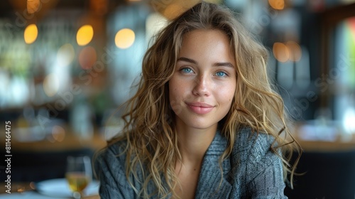 A beautiful young woman with long  wavy hair is sitting in a restaurant. She is wearing a suit jacket and has a soft smile on her face.