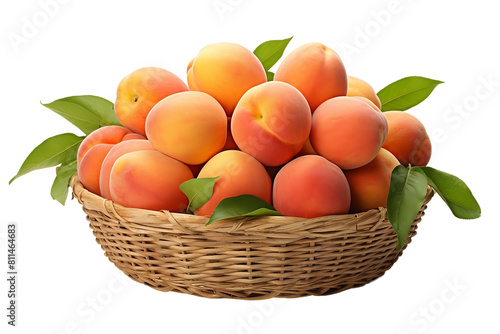 Freshly harvested ripe peaches in a basket  isolated on white background or png transparent background.