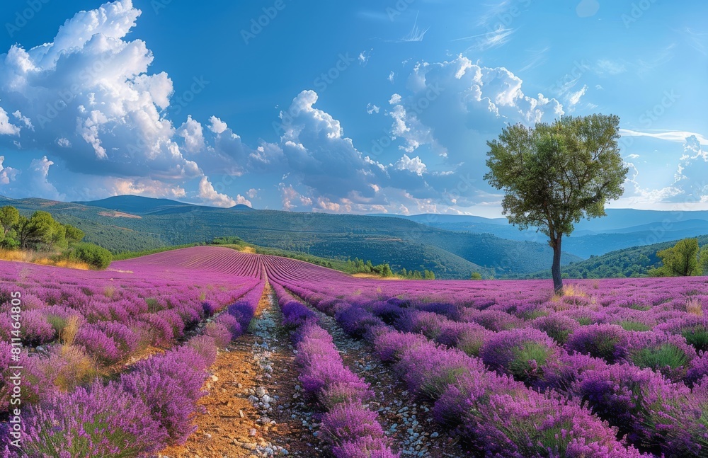 Fototapeta premium Lavender field on a blue sky background, a panoramic view of lavender flowers in bloom.