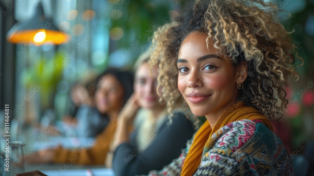 A young woman with curly hair smiles at the camera while sitting in a restaurant with her friends. A young woman with curly hair smiles at the camera while sitting in a restaurant with her friends.