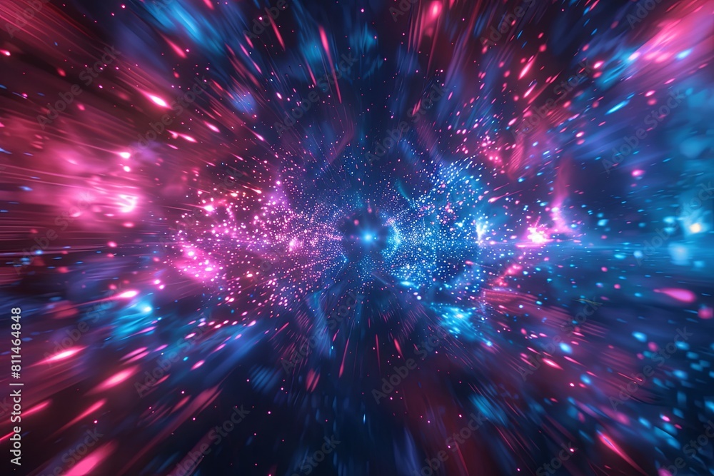 Naklejka premium Bright lights and stars illuminate an abstract background in blue and red neon glow. Generative AI