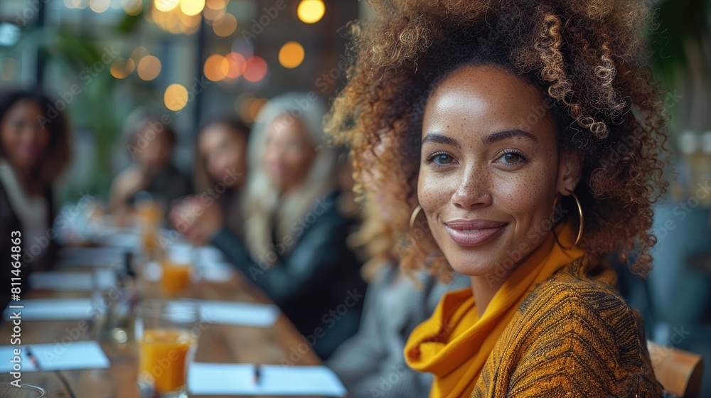 Beautiful mixed race woman smiling at the camera with friends in the background. Beautiful mixed race woman smiling at the camera with friends in the background.