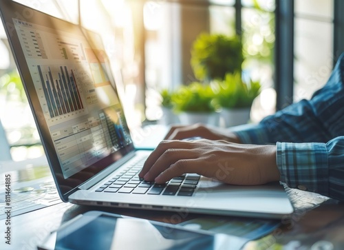 Male hands typing on a laptop keyboard at an office desk, a close up of a man's hand working with a computer in a modern work space.