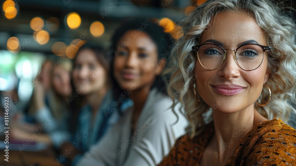 Confident businesswoman with curly hair wearing glasses standing in the foreground with blurred colleagues in the background Confident businesswoman with curly hair wearing glasses standing in the foreground with blurred colleagues in the background