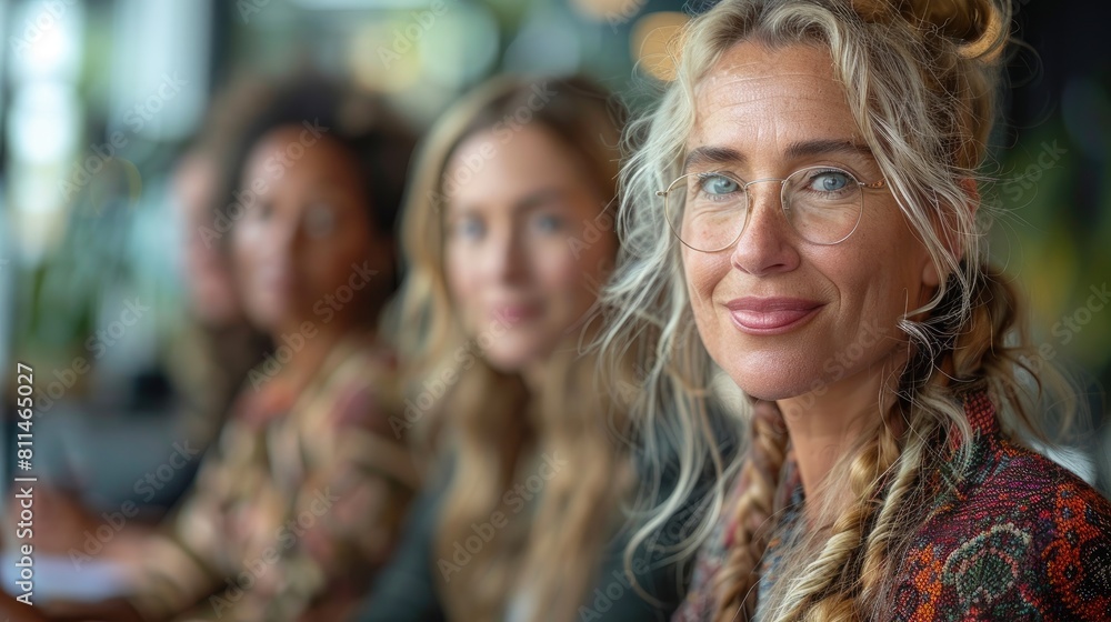 Confident businesswoman looking at camera with colleagues in background Confident businesswoman looking at camera with colleagues in background