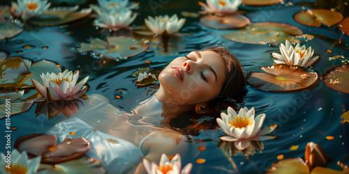 A young sexy woman lies in a bikini with water lilies and lotuses in the water of a lake  in a pond with lilies