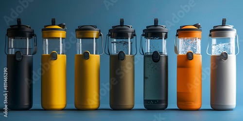 Hydration Array: Spectrum of Sports Bottles, Colorful Quench: Stylish Water Bottle Collection, Colorful Reusable Water Bottles in a Row Against Blue Background photo