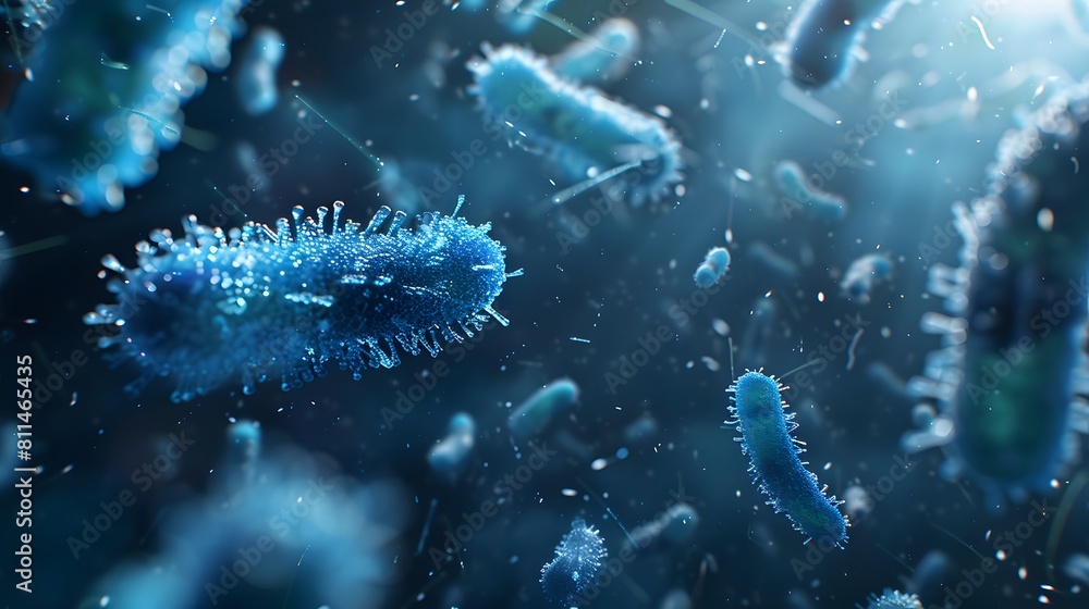 Bacteria, microwaiting in the air. The background is dark blue with light shining on it. Bacteria, microwaiting in the air. The background is dark blue with light shining on it.