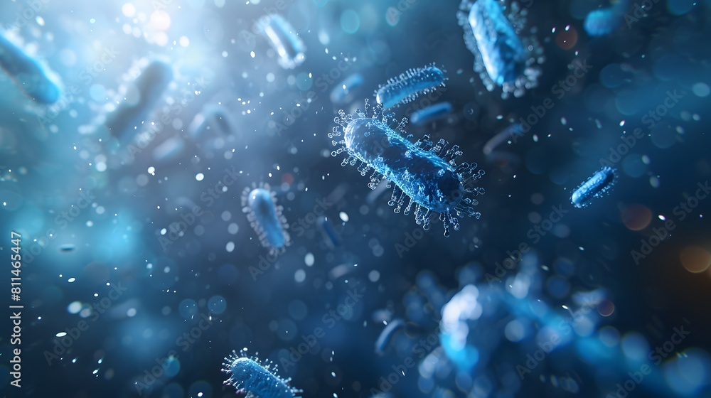 Fototapeta premium Bacteria, microwaiting in the air. The background is dark blue with light shining on it.