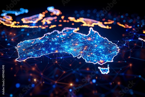 A map of Australia is lit up with blue and orange lights