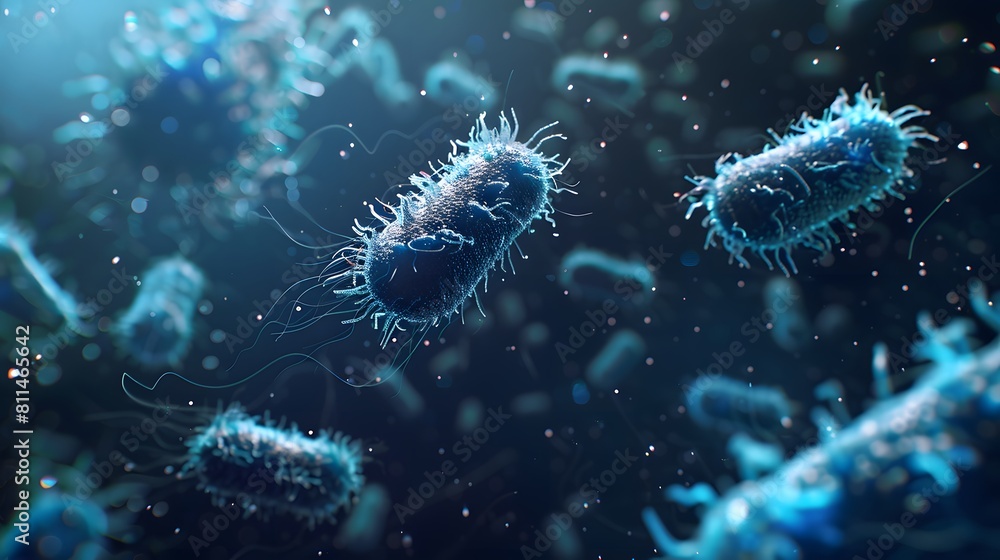 Bacteria, microwaiting in the air. The background is dark blue with light shining on it. Bacteria, microwaiting in the air. The background is dark blue with light shining on it.