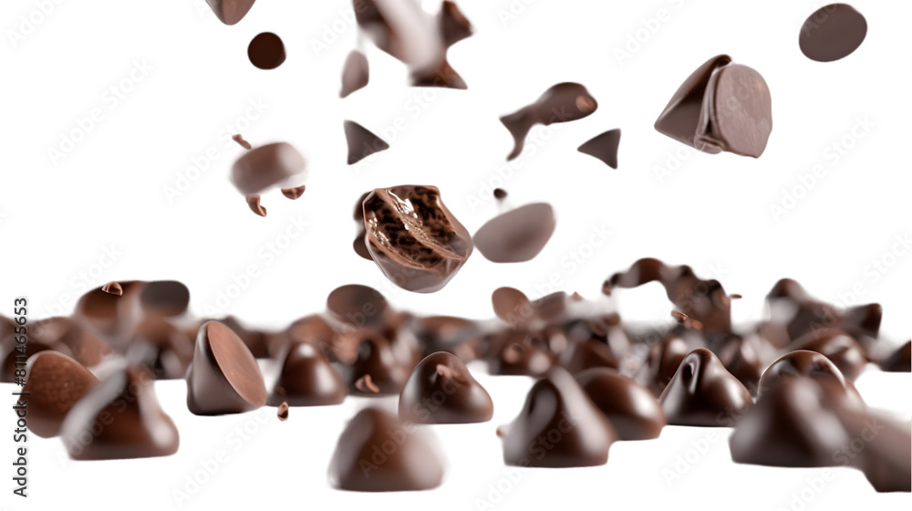 Floating chocolate chips isolated on transparent background. Floating chocolate chips isolated on transparent background.