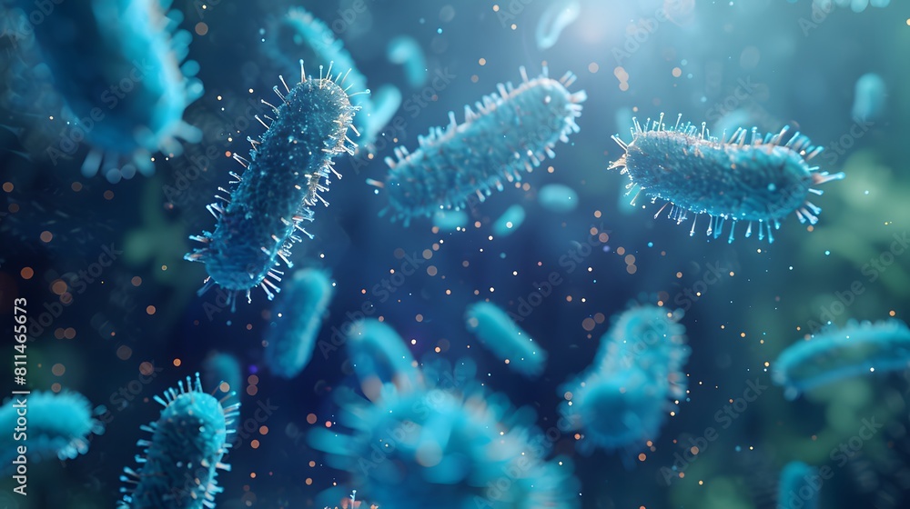 Fototapeta premium Bacteria, microwaiting in the air. The background is dark blue with light shining on it.