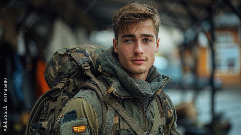 The photo shows a young male model with a backpack The photo shows a young male model with a backpack