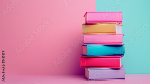 Photo of a stack of books on the right side with copy space, isolated on a pastel background.