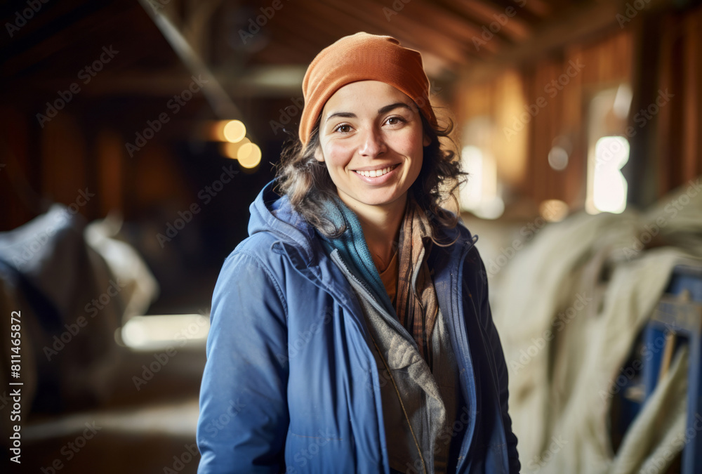 A farm worker smiles in her barn, embodying industrial and technological subjects in light navy and light bronze. A farm worker smiles in her barn, embodying industrial and technological subjects in light navy and light bronze.