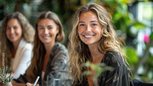 Three beautiful young women sitting at a table in a cafe, smiling and talking.